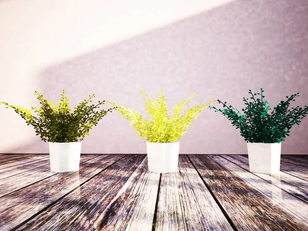 部屋の植物と3つの花瓶、3Dレンダリング — ストック写真