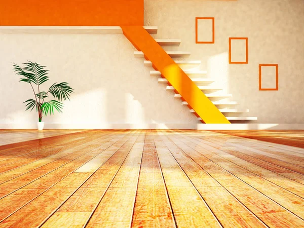 Pusty pokój ze schodami i oknem, 3D — Zdjęcie stockowe