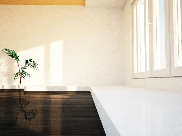 Pusty pokój z zieloną rośliną na podłodze, 3D — Zdjęcie stockowe