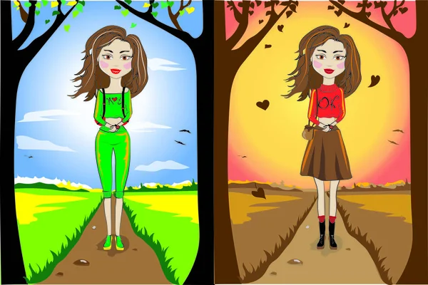 Twee meisjes, vector graphics, herfst en zomer, — Stockvector