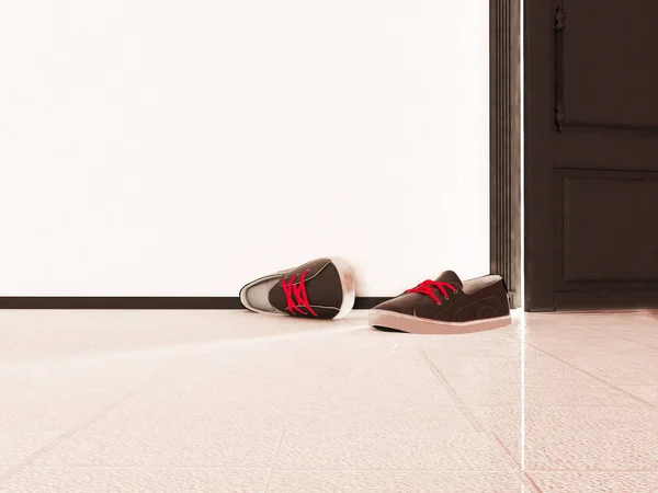 Spor ayakkabılar yerde, koridorun bir kısmında, 3D. — Stok fotoğraf