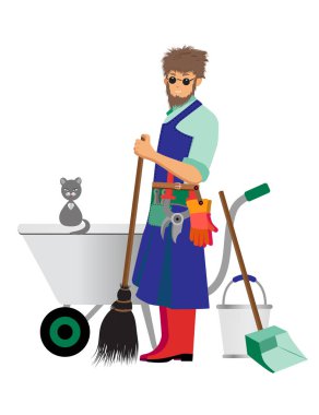 bir bahçe arabası yanındaki bir süpürge ile adam bahçıvan duruyor