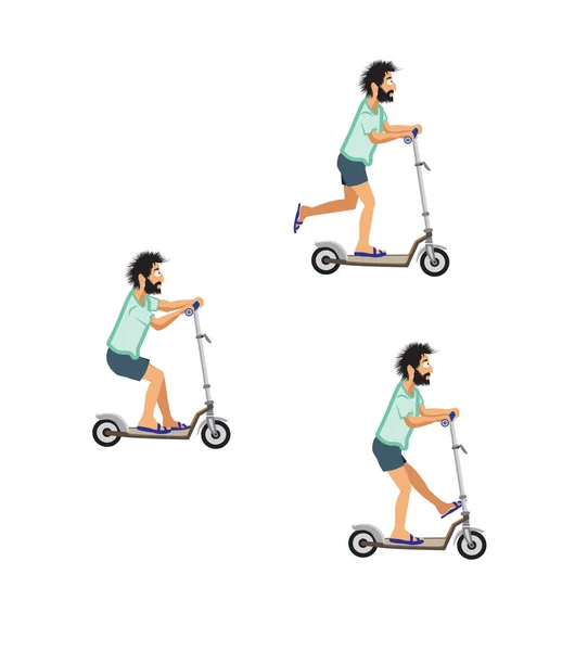 Homme Barbu Dans Shirt Vert Shorts Chevauchant Scooter Dans Différentes — Image vectorielle