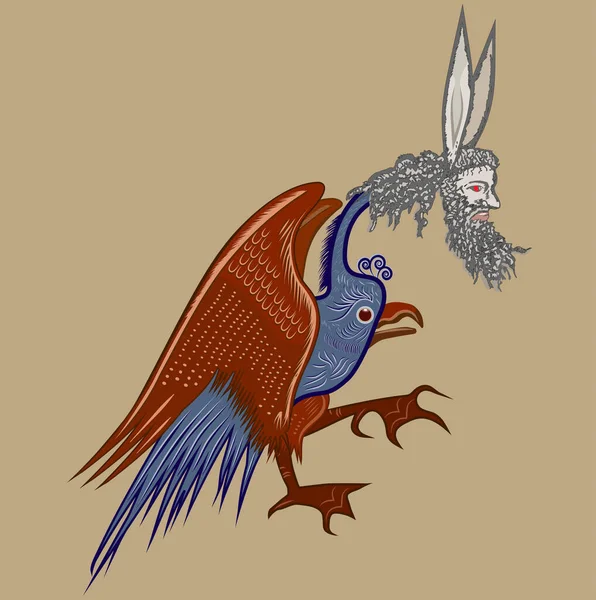 Středověký Muž Plnovousem Tělem Papouška — Stockový vektor