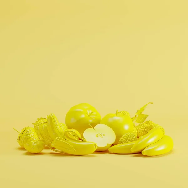 黄色的混合果单调在柔和的黄色背景上 最小水果理念概念 — 图库照片