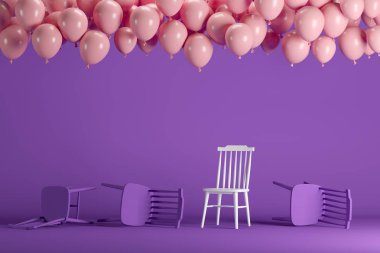 Mor pastel arka plan Oda stüdyosunda yüzen pembe balonlar ile üstün beyaz sandalye. minimal fikir yaratıcı kavramı.
