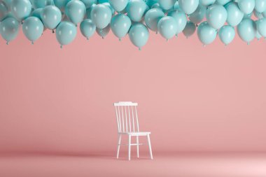 Pembe arka plan Oda stüdyosunda yüzen mavi balonlar ile beyaz sandalye. minimal fikir yaratıcı kavramı.