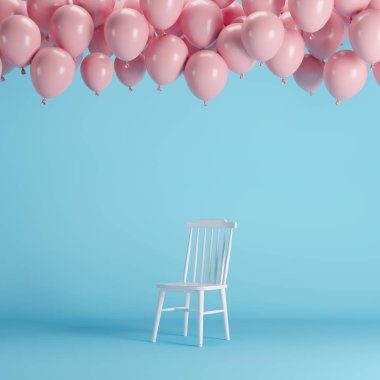 Mavi arka plan Oda stüdyosunda yüzen pembe balonlar ile beyaz sandalye. minimal fikir yaratıcı kavramı.