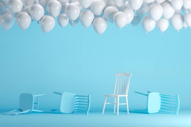 Mavi Pastel arka plan Oda stüdyosunda yüzen beyaz balonlar ile üstün beyaz sandalye. minimal fikir yaratıcı kavramı.