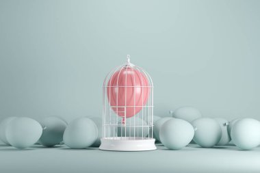 Pembe balon pastel yeşil arka planda beyaz kafes yüzen. minimal fikir kavramı.