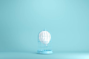 Mavi arka planda beyaz kafes yüzen beyaz balon. minimal fikir kavramı.