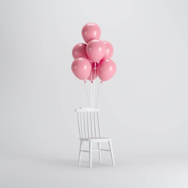 Beyaz arka planda yüzen pembe balonlar ile beyaz sandalye. minimal parti kavramı fikir.