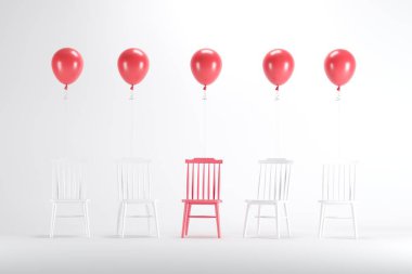 Beyaz arka planda beyaz sandalye arasında yüzen kırmızı balonlar ile kırmızı sandalye. minimal fikir kavramı.
