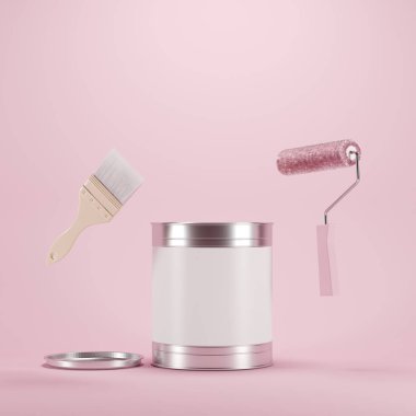 Boyama fırçası ve rulo boya kova ile pembe arka planda yüzer. minimal fikir kavramı.