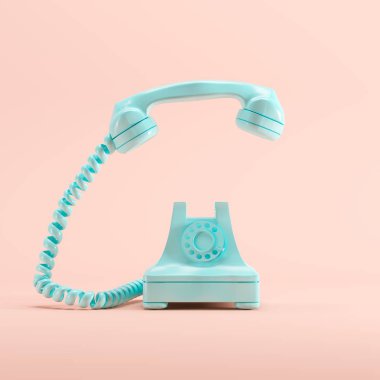Pembe pastel renkli arka plan üzerinde mavi vintage telefon. en az fikir kavramı.