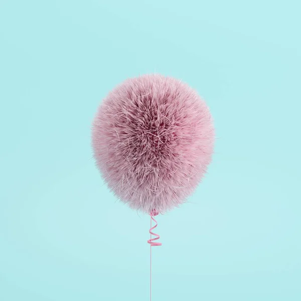 粉红色气球毛皮漂浮在蓝色的背景 最小的概念理念 — 图库照片