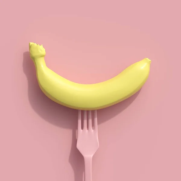 Banana Amarela Garfo Rosa Fundo Cor Rosa Conceito Ideia Criativa — Fotografia de Stock