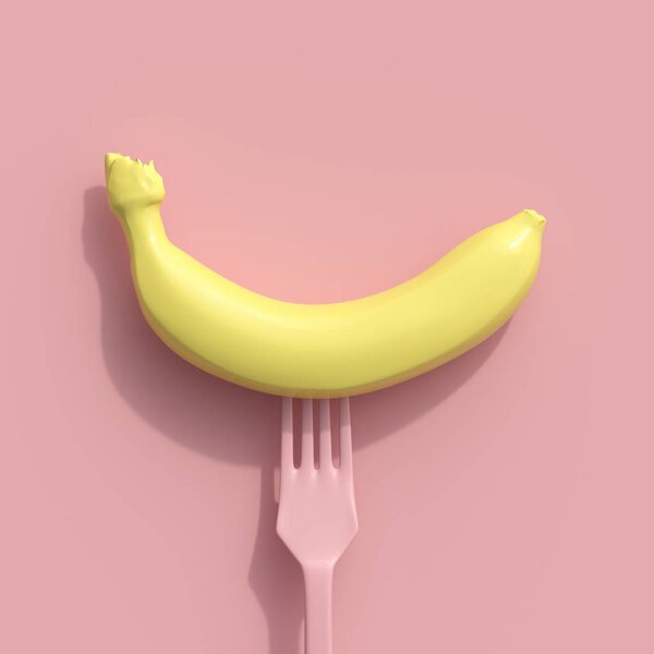 Yellow banana on a pink fork on pink color  background. creative idea concept.
