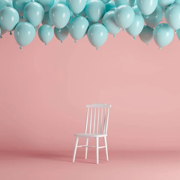 White Chair Floating Blue Balloons Pink Background Room Studio Minimal — Stock Photo, Image