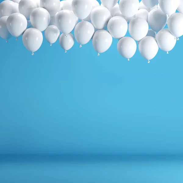 White Balloons Floating Blue Pastel Background Room Studio Minimal Idea — Stock Photo, Image