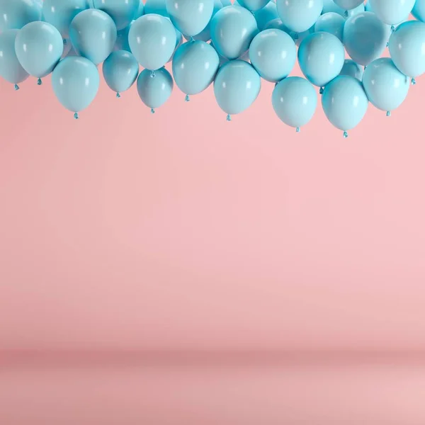 Balões Azuis Flutuando Estúdio Sala Fundo Pastel Rosa Ideia Mínima — Fotografia de Stock