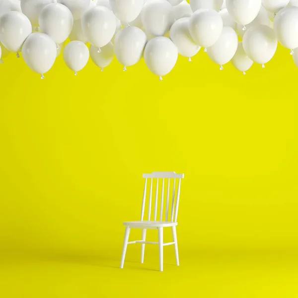 White chair with floating white balloons in yellow background room studio. minimal idea creative concept.