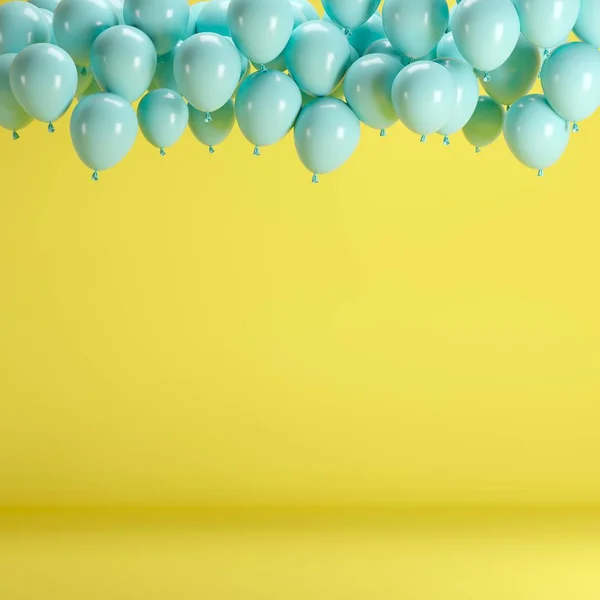 Blue Balloons Floating Yellow Pastel Background Room Studio Minimal Idea — Stock Photo, Image