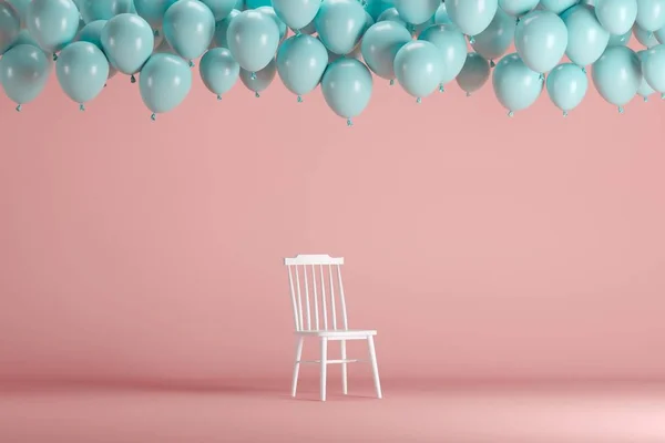 White Chair Floating Blue Balloons Pink Background Room Studio Minimal — Stock Photo, Image