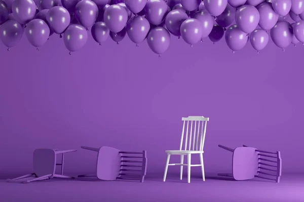 Excelente Cadeira Branca Com Balões Violeta Flutuante Estúdio Sala Fundo — Fotografia de Stock