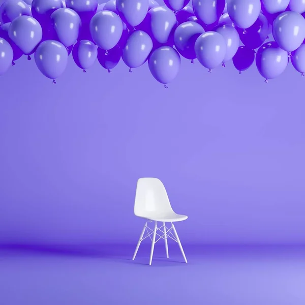 Cadeira Branca Com Balões Violeta Flutuante Estúdio Sala Fundo Pastel — Fotografia de Stock