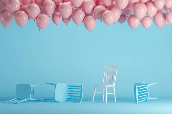 Excelente Cadeira Branca Com Balões Cor Rosa Flutuante Azul Pastel — Fotografia de Stock