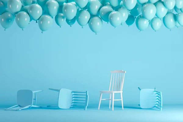 Outstanding White Chair Floating Blue Balloons Blue Pastel Background Room — Stock Photo, Image