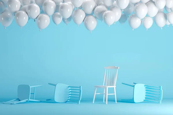 Excelente Cadeira Branca Com Balões Brancos Flutuantes Azul Pastel Estúdio — Fotografia de Stock