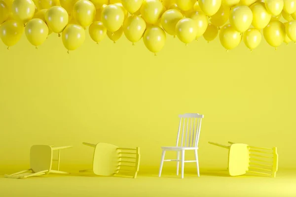 Outstanding White Chair Floating Yellow Balloons Yellow Pastel Background Room — Stock Photo, Image