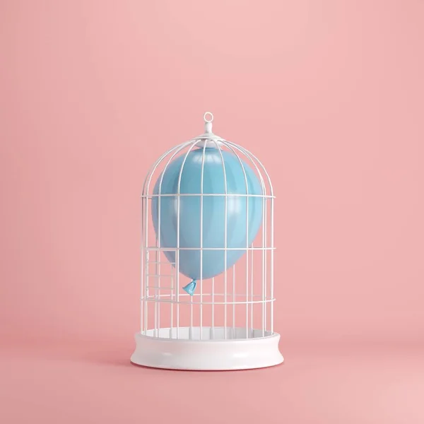 Blauwe Ballon Zwevend Witte Kooi Pastel Roze Achtergrond Minimale Idee — Stockfoto