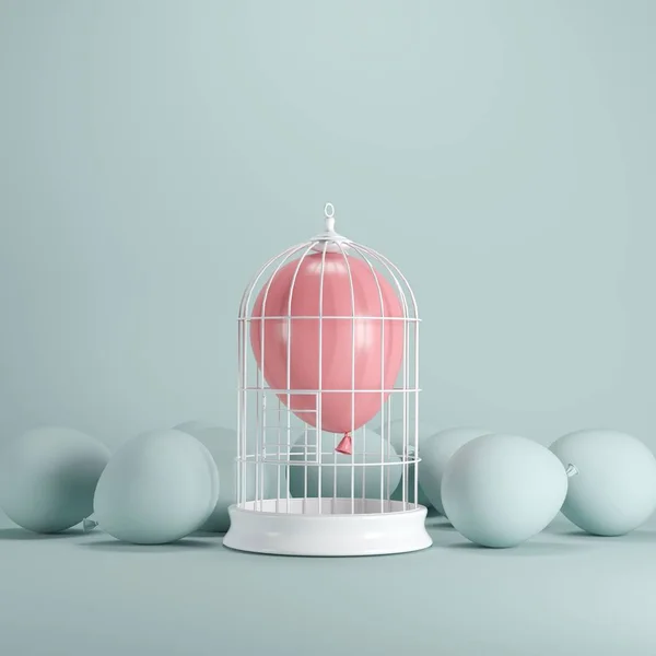 Pink Balloon Floating White Cage Pastel Green Background Minimal Idea — Stock Photo, Image