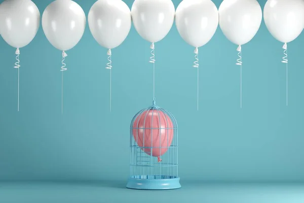 粉红气球漂浮在蓝色背景上的白色笼子里 有白色的气球 最小的概念概念 — 图库照片