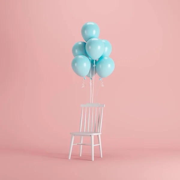 Cadeira Branca Com Balões Azuis Flutuando Sobre Fundo Rosa Ideia — Fotografia de Stock