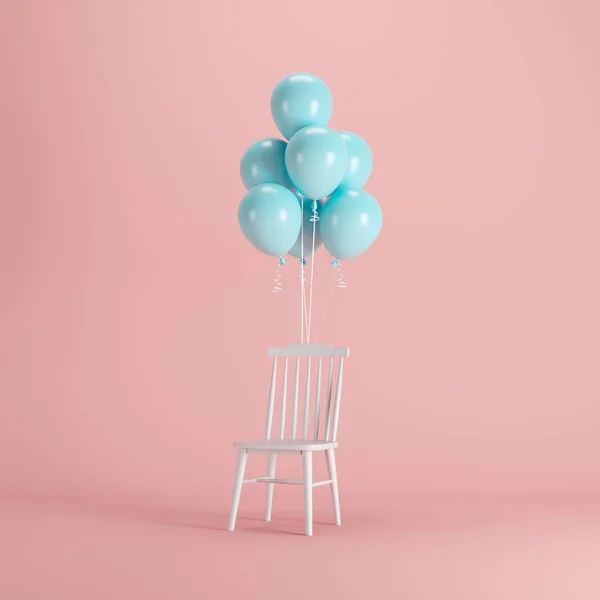 Silla Blanca Con Globos Azules Flotando Sobre Fondo Rosa Idea —  Fotos de Stock