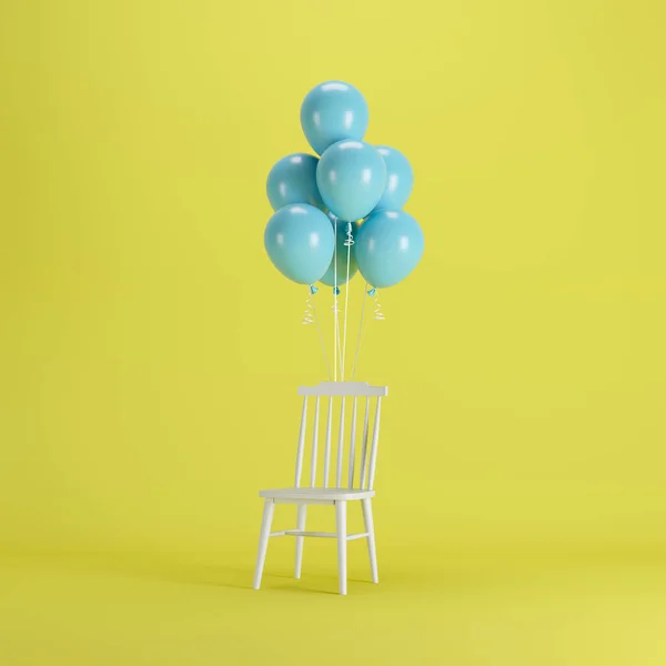Kursi Kayu Dengan Balon Biru Mengambang Latar Belakang Kuning Konsep — Stok Foto