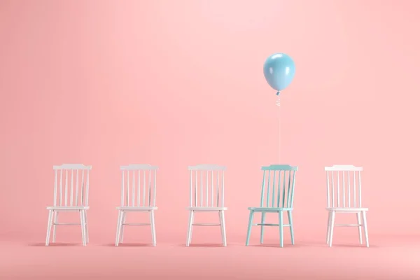 Modrá Židle Plovoucím Modrým Balonem Mezi Bílými Židličky Pastelově Růžovém — Stock fotografie