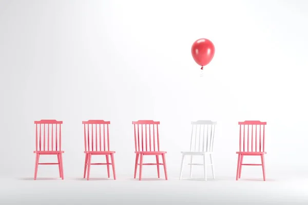 Cadeira Branca Com Balão Vermelho Flutuante Entre Cadeira Branca Fundo — Fotografia de Stock