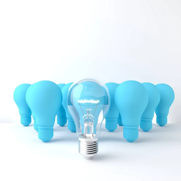 Outstanding one Light bulb Glowing with blue light bulb on white background. Minimal concept idea. 3D Render