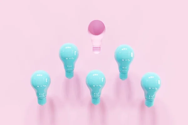 Outstanding Pink Light bulb slump leadership with blue light bulbs on pink background. 3D Render. Minimal Creative idea.