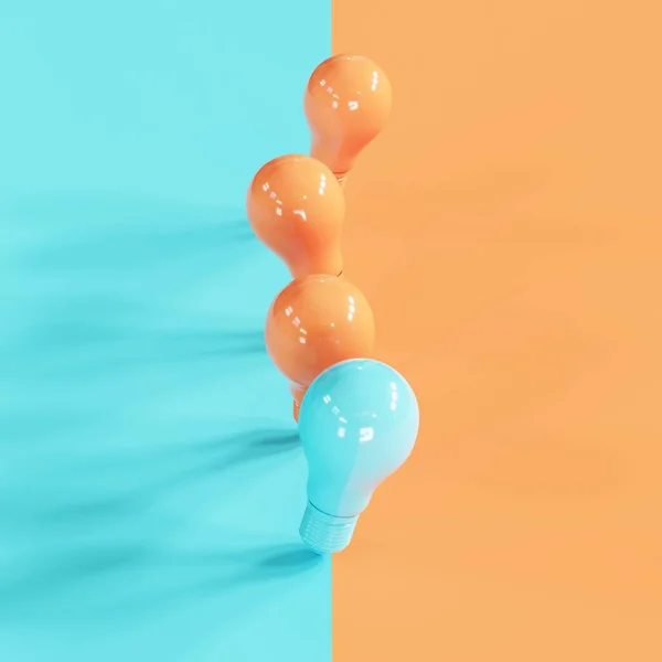 在蓝色橙色背景的橙色灯泡中突出的倾斜蓝色灯泡 3D渲染 最低限度概念概念 — 图库照片