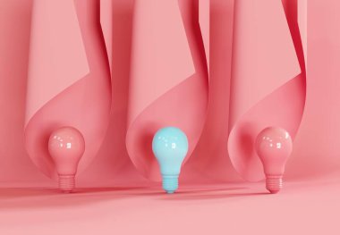 Pembe arka planda pembe kıvrımlı mavi ampul. 3B Hazırlama.