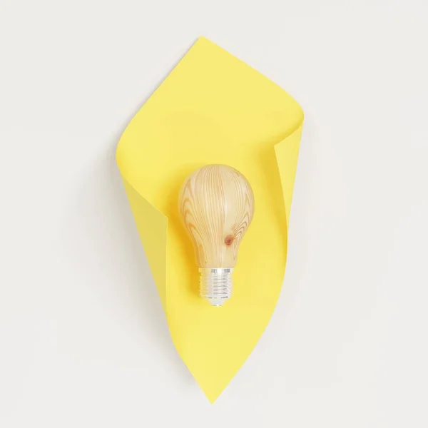 黄色の曲線の形をした白い背景に木製の電球 3Dレンダリング — ストック写真