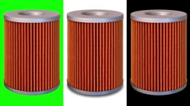 Yalıtılmış turuncu ekleme motoru yağı filtresi (döngü). Turuncu motor yağı filtresi niekle nin ekseni etrafında yeşil, beyaz ve siyah arka planda döner. Döngülü görüntüler.