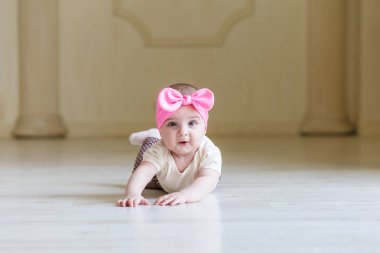 küçük bir kız olan yarım yıl, 6 ay yaşlı, sevimli beden ve etek, parlak yay üzerinde bir kafa ile. Tatlı gülümseyen bebek kız Studio