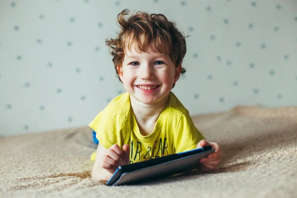 Happy Toddler Boy Having Fun Playing Game Mobile Phone Preschool — стоковое фото